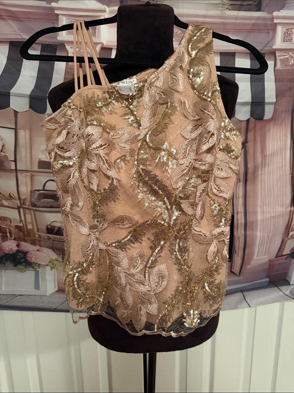 VENUS Sequin Embroidered One-Shoulder Top in Blush and Gold